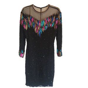 Black Sequined Evening Dress Size 6 Creative Creations Knee Length Colorful